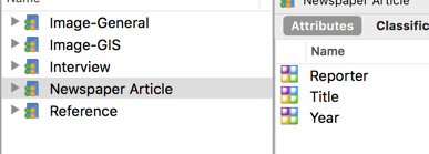 File classification called Newspaper Article displayed in list view with attributes for Reporter, Year and Title.