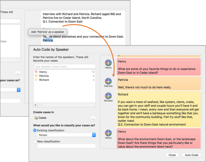Use the Auto Code by Speaker dialog box to create a case for each speaker.