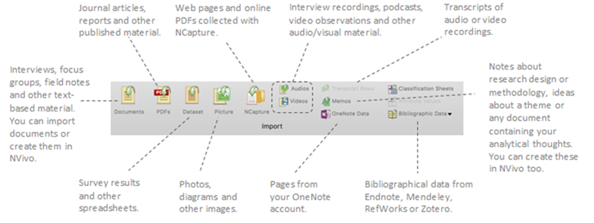Description of options on the Import tab of the NVivo ribbon.