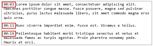 Text file showing paragraphs that start with timestamps.