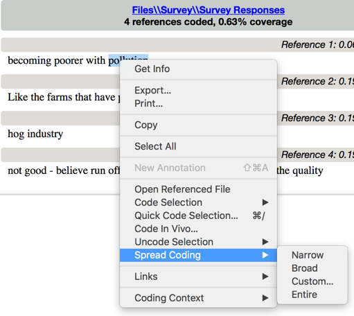 Spread Coding and Coding Context options available when reviewing a node containing dataset content.