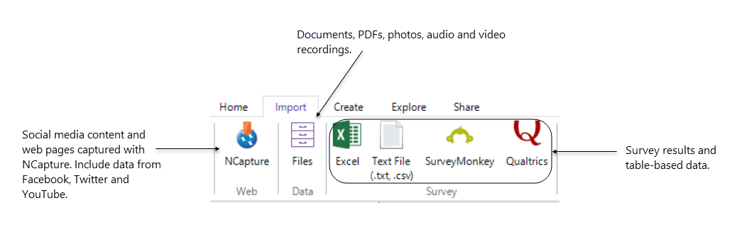 Description of options on the Import tab of the NVivo ribbon.