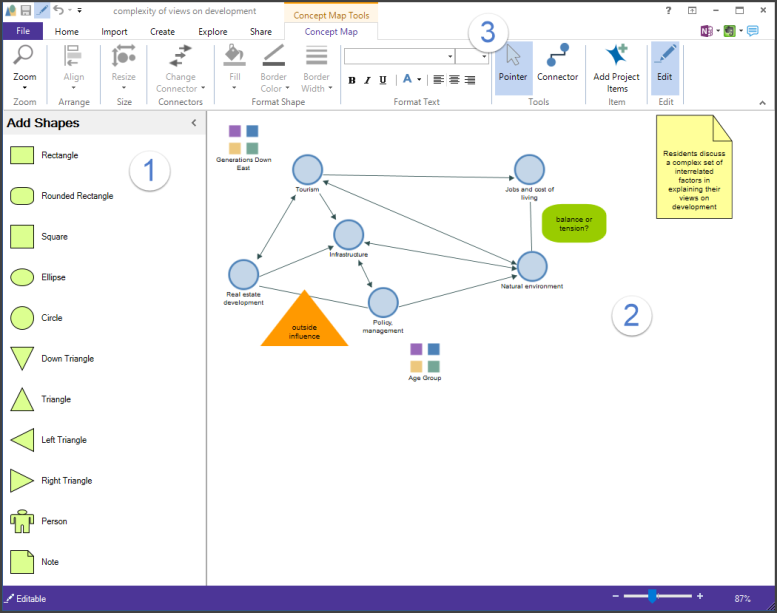 A concept map with a panel of shapes on the left and tools on the top