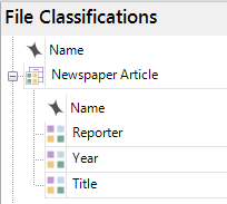 File classification called Newspaper Article displayed in list view with attributes for Reporter, Year and Title.
