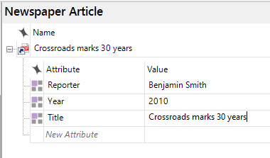 Setting the attribute values for a newspaper article.