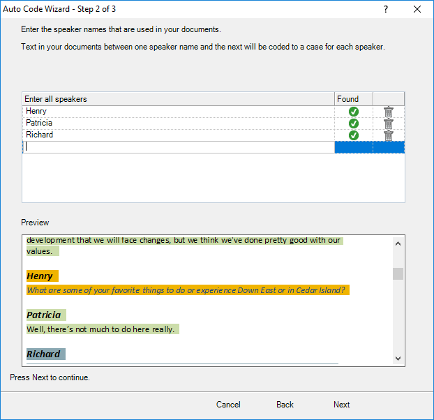 Wizard for auto coding by speaker 