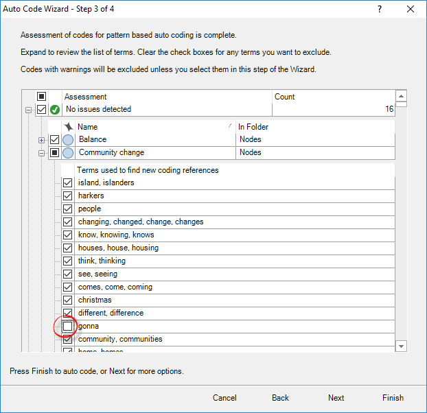 Wizard for pattern-based auto coding showing list of terms