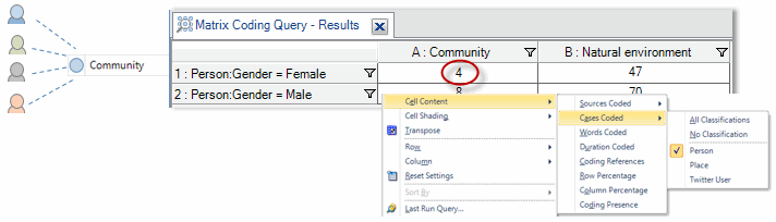 Matrix showing how many women mentioned a theme.