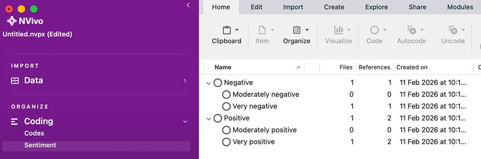 Sentiment nodes in List View.