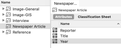 File classification called Newspaper Article displayed in list view with attributes for Reporter, Year and Title.