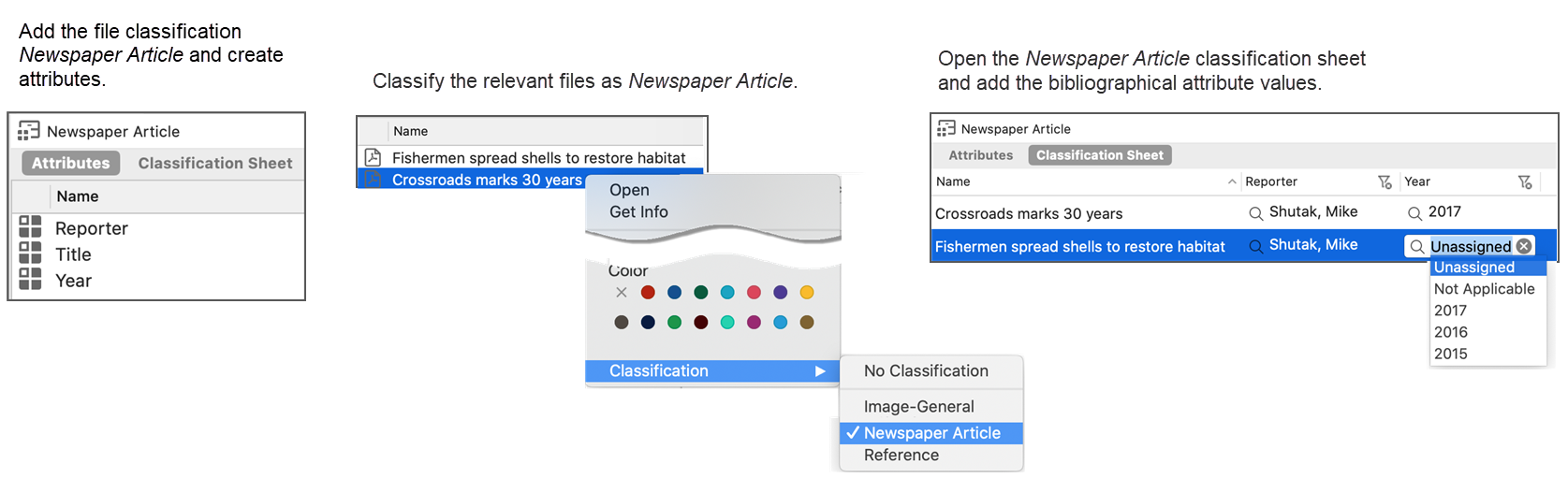 Process of setting up file classifications and assigning bibliographical attributes.