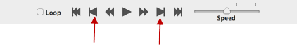 Media player controls with red arrows pointing to skip buttons