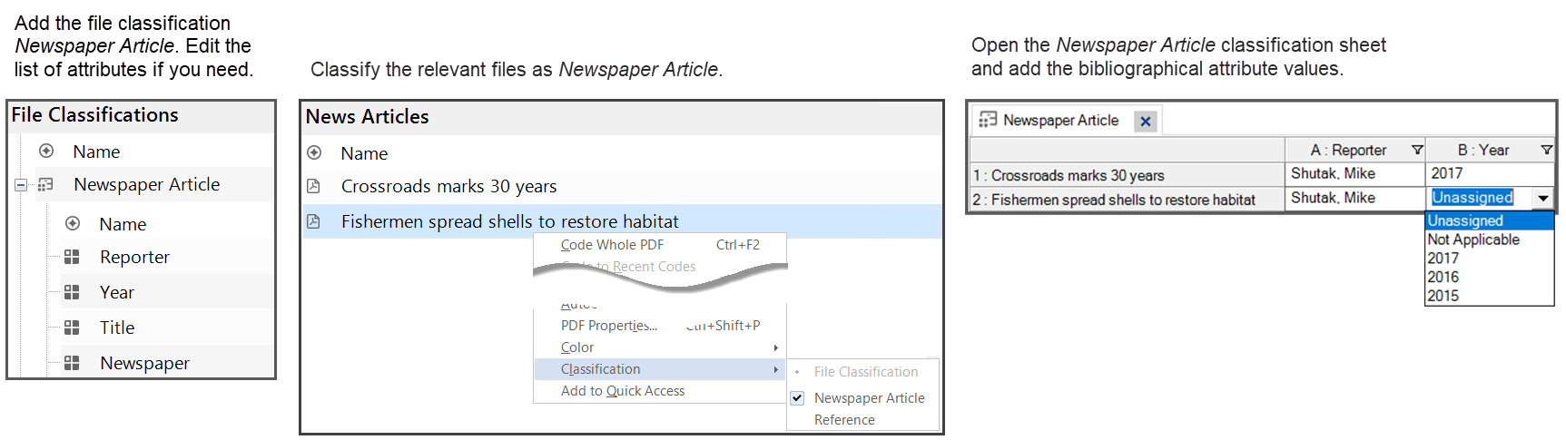 Process of setting up file classifications and assigning bibliographical attributes.